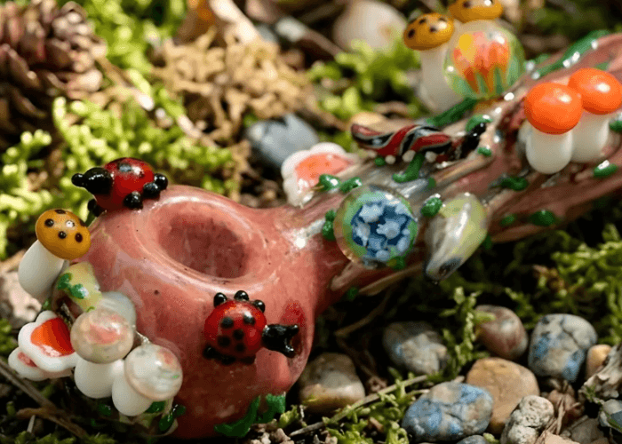 Handcrafted mushroom forest and ladybug themed glass pipes Tulsa resting on natural green moss and small pebbles.