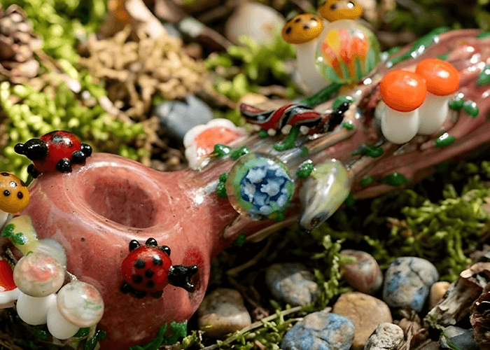 Artisan mushroom and ladybug themed glass pipes Tulsa with colorful 3D forest accents on a natural moss background.