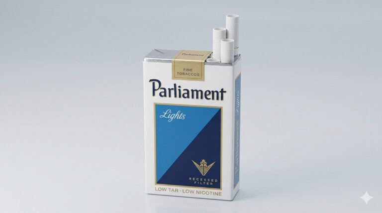 Opened Parliament Lights pack showing recessed filter cigarettes, a premium brand found at our cigarette shop tulsa.