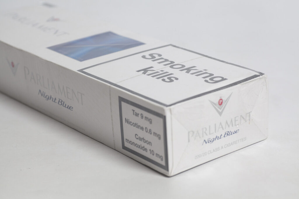 Parliament Night Blue 200-count cigarette carton with full ingredient list at our cigarette shop tulsa.