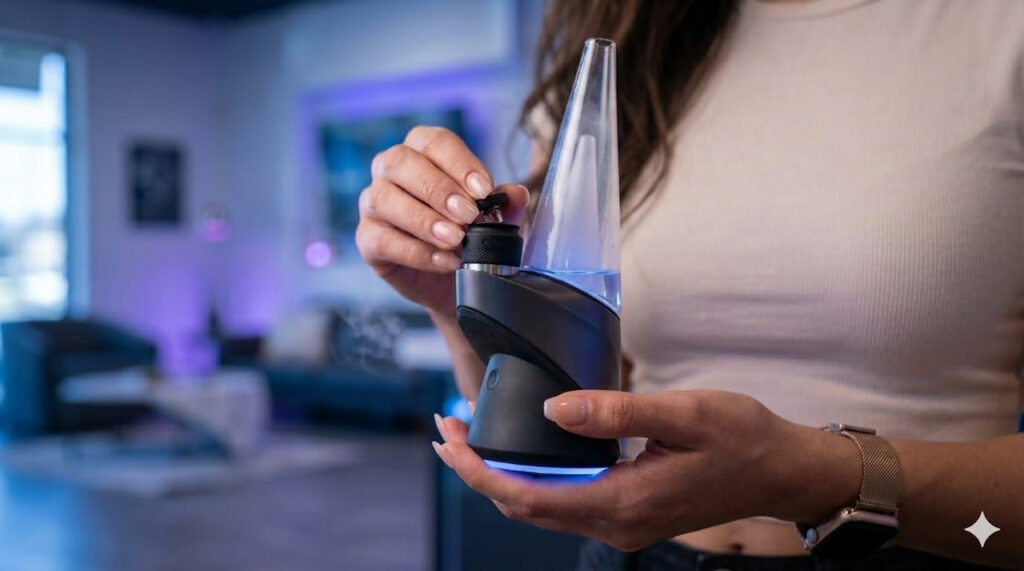 A person using a glowing blue Puffco Peak Pro in a lounge, demonstrating a modern head shop Tulsa vaporizer experience.