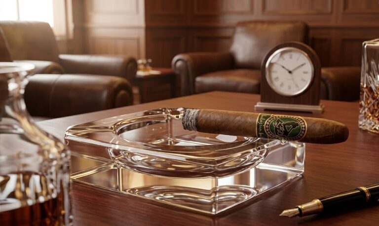 A premium cigar on a glass ashtray in a classic wood-paneled lounge. Discover a top-tier selection at our local cigar shop tulsa.