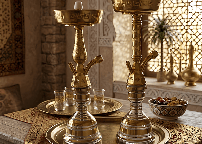 Premium gold shisha sets at a hookah shop Houston location featuring elegant brass stems and clear glass bases.