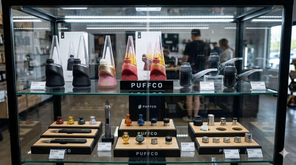 A premium head shop Tulsa glass display case filled with accurate Puffco vaporizers and numerous accessories.