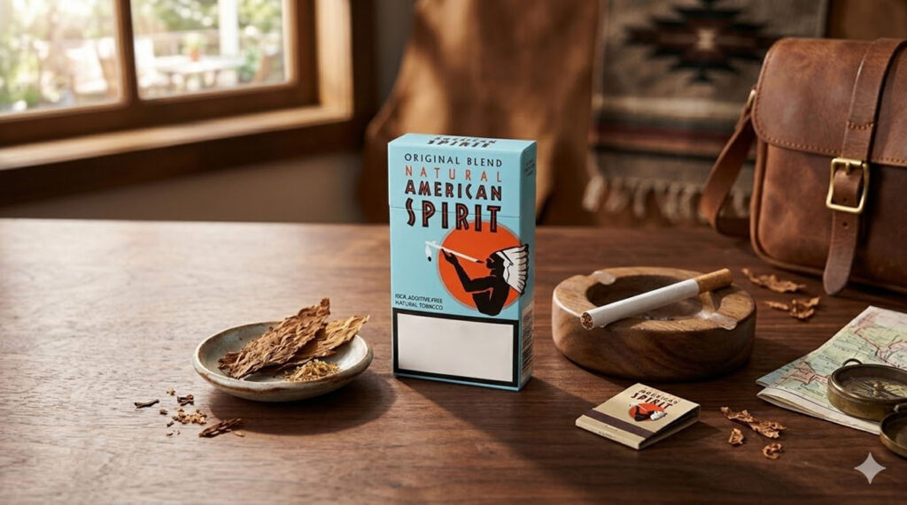 Premium Natural American Spirit cigarettes and rustic accessories on a wooden table, available at our tobacco shop tulsa.