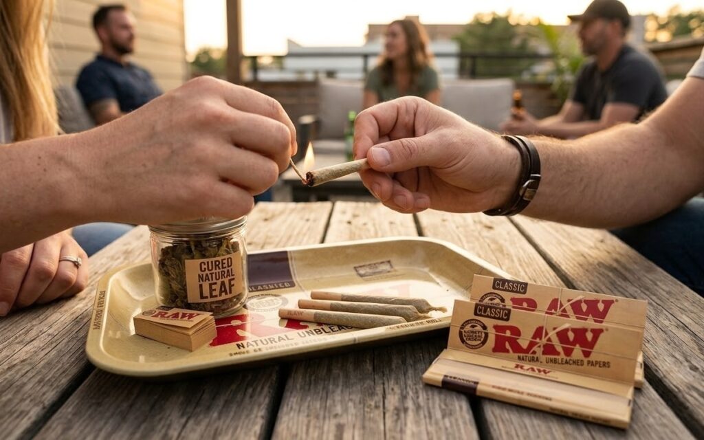 Relaxed adult smokers enjoy finished RAW rolls at a patio gathering with rolling papers Tulsa.