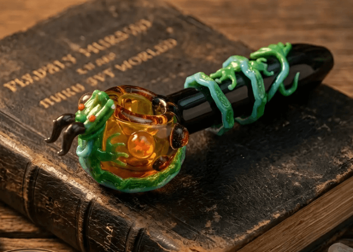 Detailed Shenron dragon glass pipes Tulsa wrapped around a black stem, displayed on an antique leather-bound book.