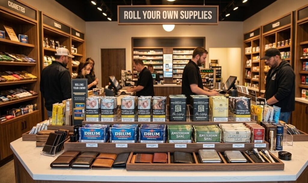 Inside a modern tobacco shop Sapulpa, showcasing various rolling tobacco pouches and supplies.