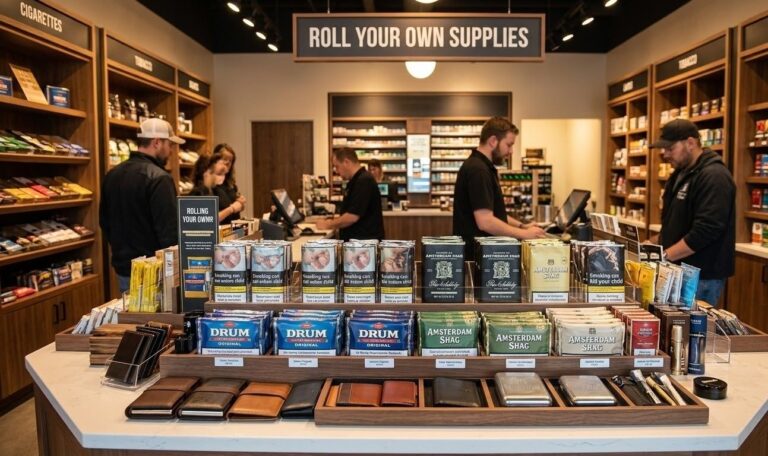 Inside a modern tobacco shop Sapulpa, showcasing various rolling tobacco pouches and supplies.