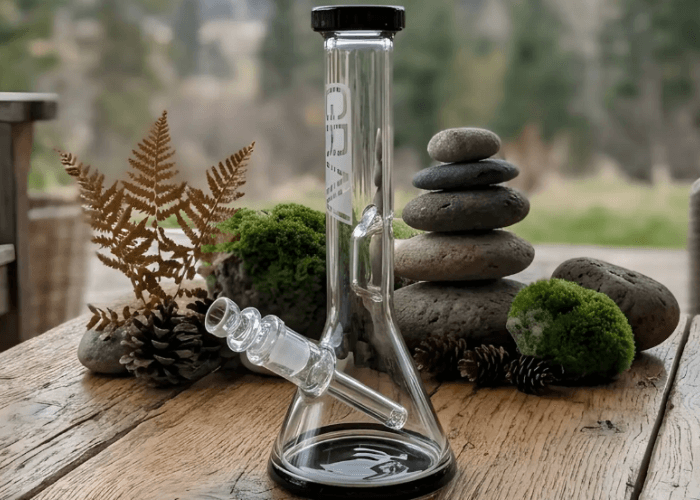 Classic GRAV glass beaker water pipe available at a smoke shop Tulsa, shown with a clear finish and sturdy glass downstem.