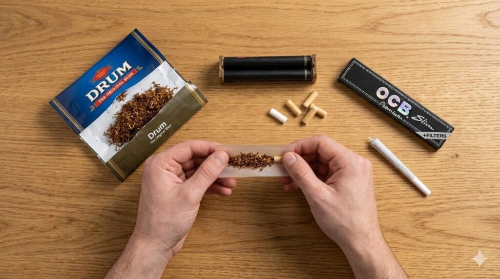 Step-by-step rolling cigarette demonstration inside a modern tobacco shop Sapulpa, showcasing RAW, OCB, and Drum brands.