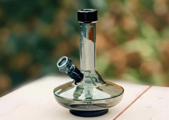 Sleek GRAV glass bubbler rig at a smoke shop Tulsa, featuring a wide base for smooth water filtration and stability.