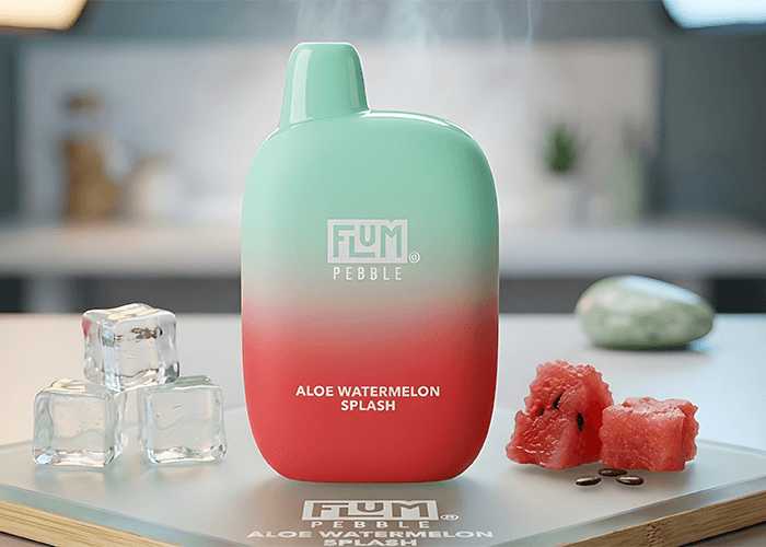 Vape shop Tulsa offers Flum Pebble disposables in Matcha, Peach Orange, and Blueberry Melo flavors with a botanical backdrop.