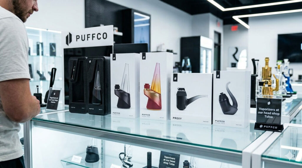 Vaporizers and accessories on display at a modern head shop Tulsa counter, showcasing Puffco products and branding.
