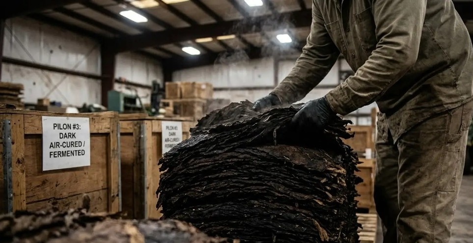 Warehouse worker handles stacks of dark air-cured and fermented tobacco leaves, perfect for our tobacco shop Sapulpa.