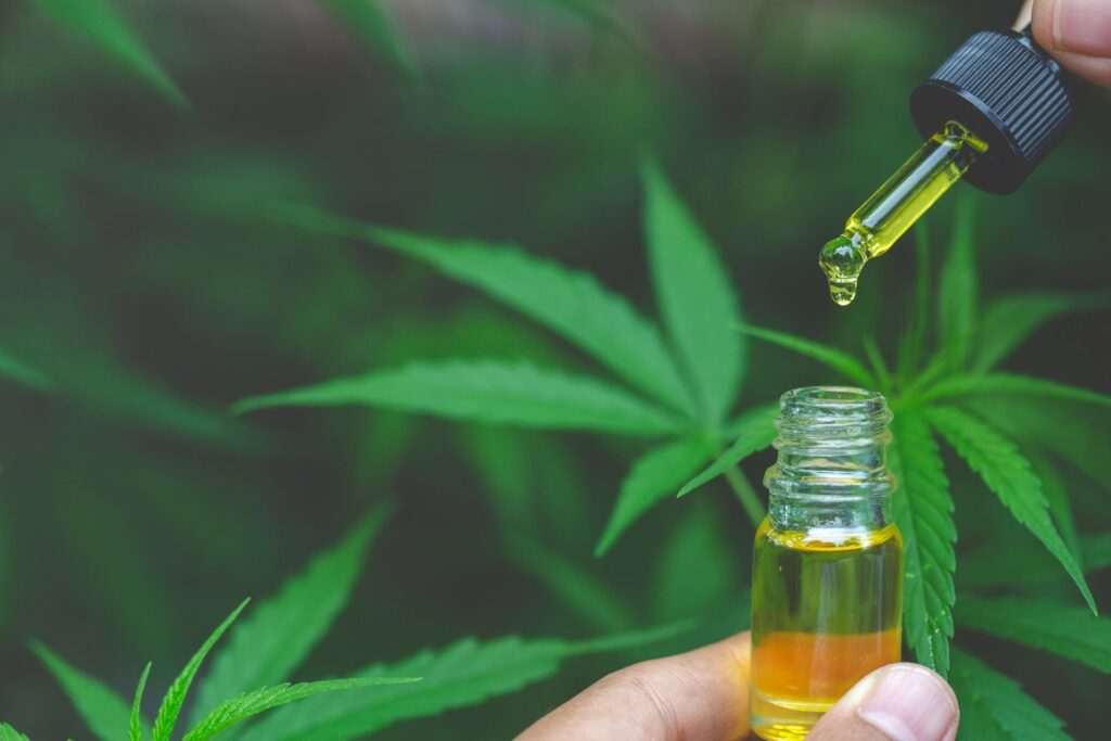 Close up of a medicinal hemp oil dropper and bottle held against green leaves at a local cbd store broken arrow.