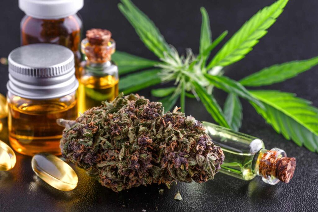 Selection of hemp flower buds, oil extracts, and capsules available at a local CBD store Owasso Oklahoma shop. 