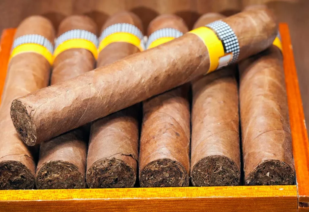 A collection of premium cigars with yellow and checkered bands inside a wooden box at a cigar shop in Owasso.