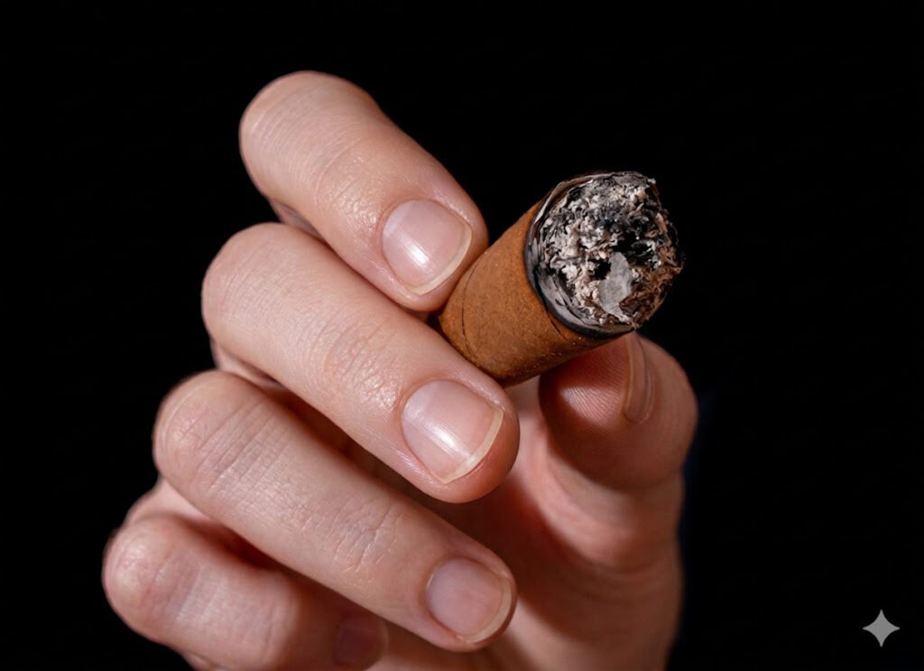 Close-up of a hand holding a lit premium cigar with visible ash, found at our Cigar store sapulpa location.