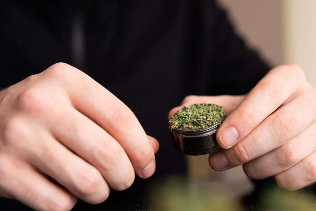 Freshly ground hemp flower inside a metal herb grinder, featuring products from a delta 8 store Tulsa location. 