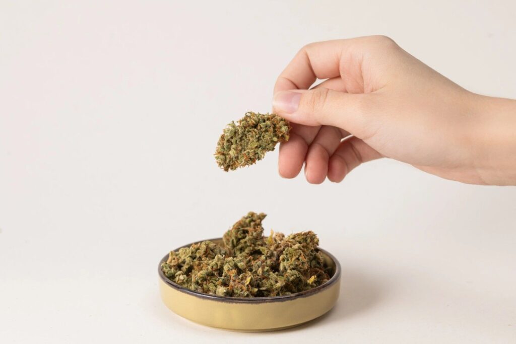 Hand selecting a high quality hemp flower bud sourced from a delta 8 store Tulsa shop over a ceramic dish. 