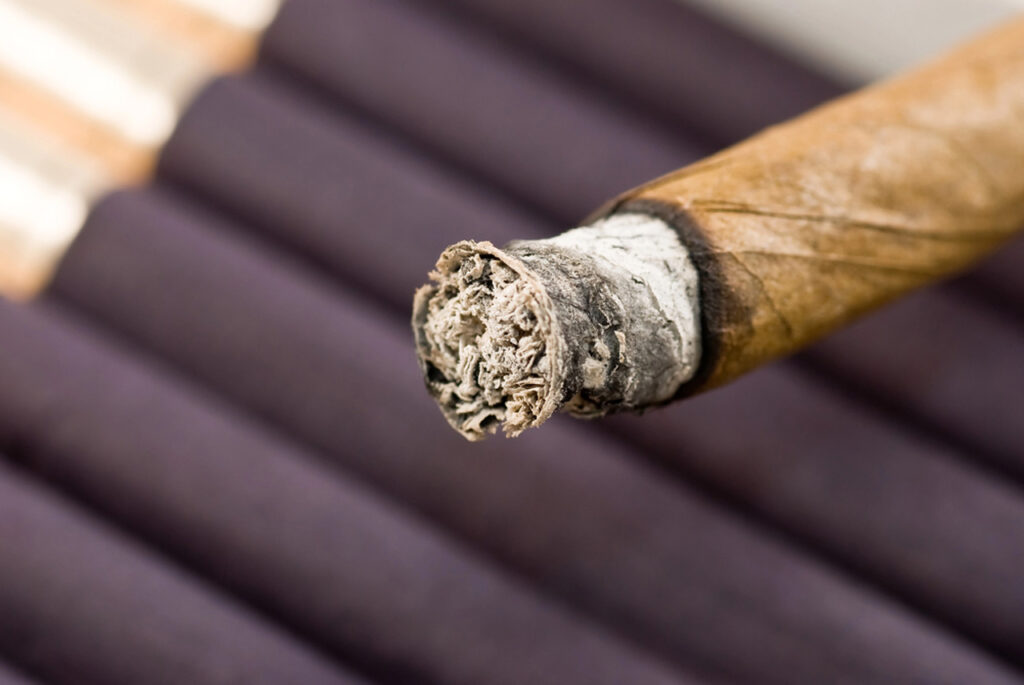 Detailed macro shot of a lit cigar showing intricate white ash, from the humidor at our Cigar store sapulpa.
