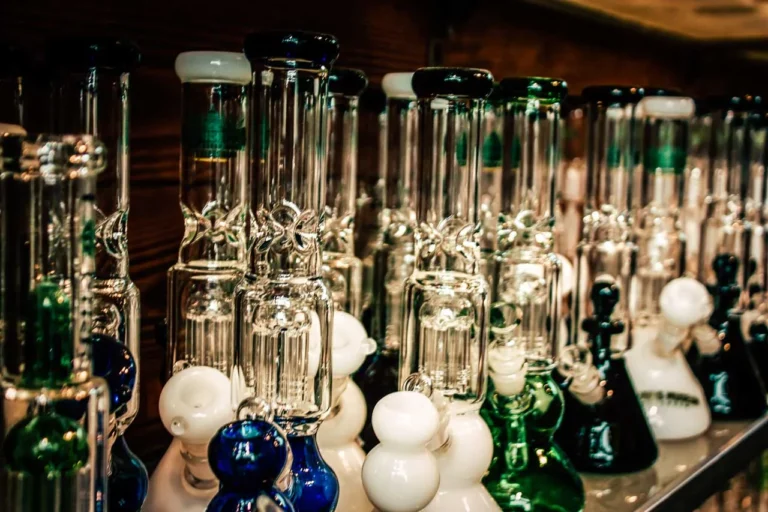 Rows of high-quality glass water pipes showcased on shelves at a premier head shop Tulsa retail store.