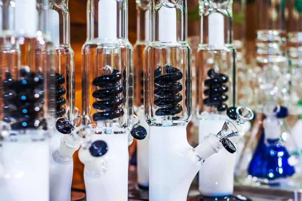 Elegant spiral percolator glass water pipes on display inside a popular head shop Tulsa destination.