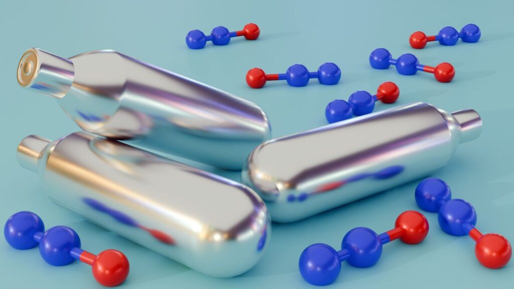 Nitrous oxide Owasso 3D molecular structures floating around silver whipped cream charger canisters on a blue backdrop. 