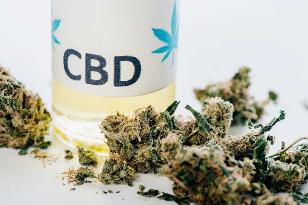 Premium cannabis flower buds next to a tincture bottle from a top-rated CBD shop Tulsa location.