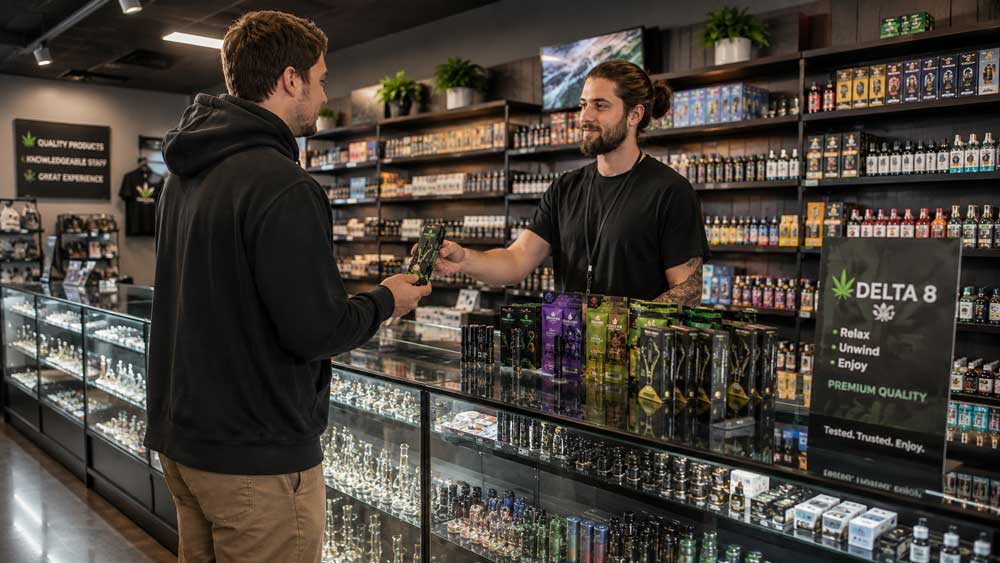 Friendly clerk assisting a customer with premium hemp products at a fully stocked delta 8 store owasso dispensary.