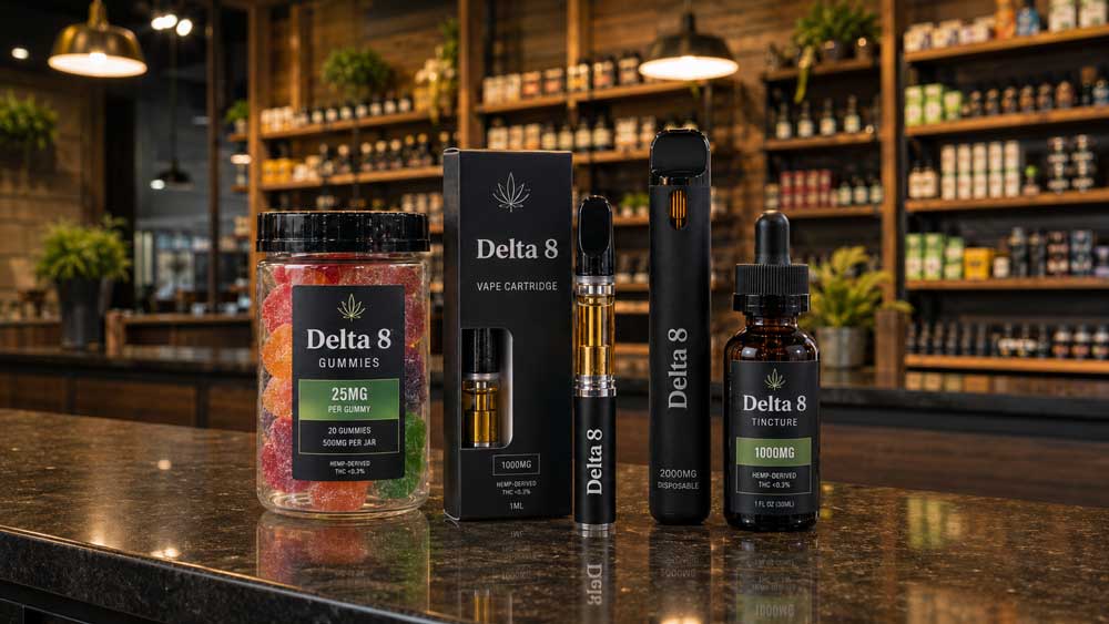 Premium gummies, vapes, and tinctures on display at a top-rated delta 8 store owasso for high-quality hemp products.