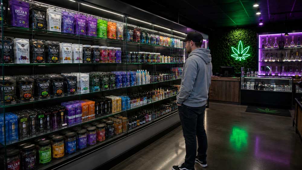 A customer browses shelves of colorful gummies and hemp products inside a modern delta 8 store owasso location.