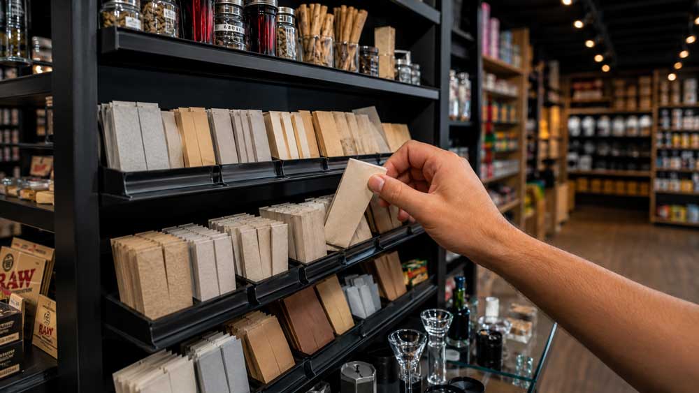 Customer hand choosing from a large shelf selection of rolling papers Broken Arrow inside a modern smoke shop.