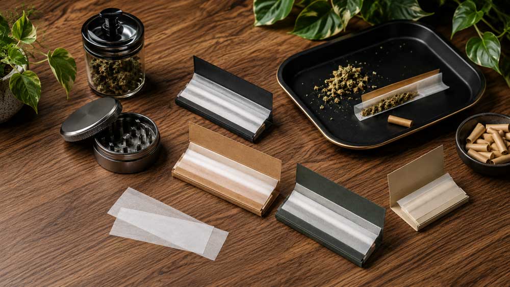 Complete smoking setup on a wood table with a metal grinder, herb tray, and rolling papers Broken Arrow packs.