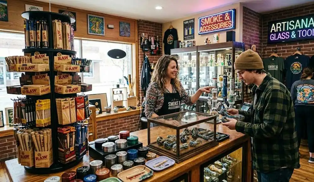A customer views rolling trays and glass pipes at the counter of a popular smoke accessories Tulsa shop destination.