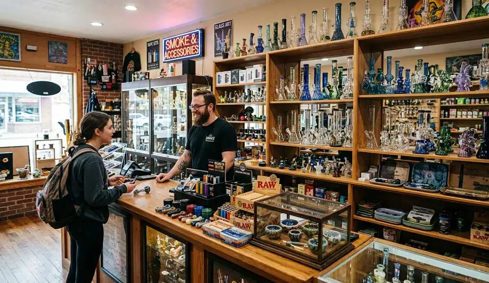 A clerk helps a customer near large shelves filled with vibrant glass art and quality smoke accessories Tulsa offers.