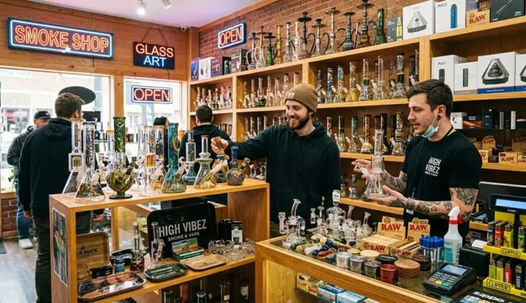 Customers browse glass pipes and bongs at High Vibez, a top spot for smoke accessories Tulsa cannabis enthusiasts trust.