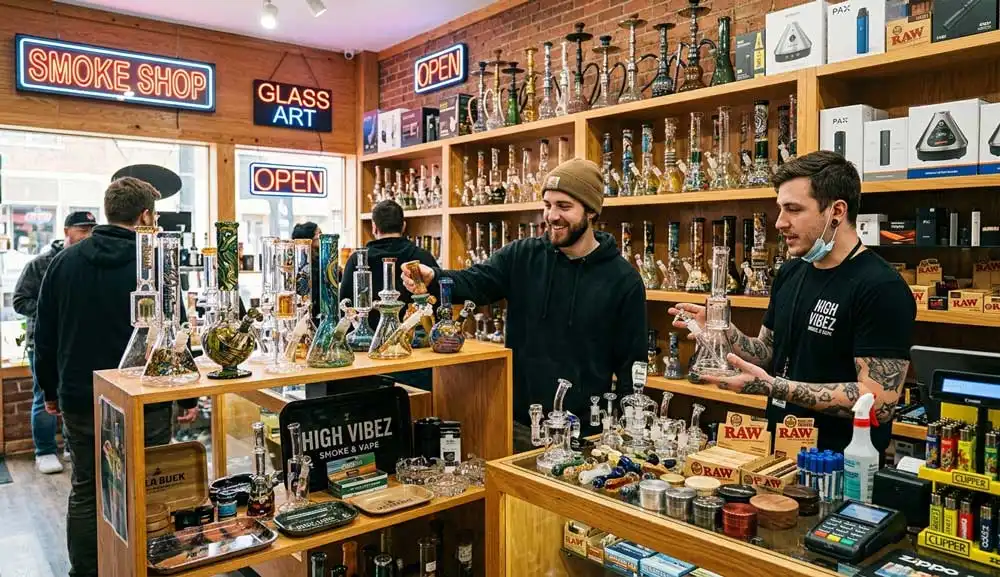 Customers browse glass pipes and bongs at High Vibez, a top spot for smoke accessories Tulsa cannabis enthusiasts trust.
