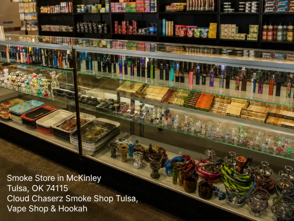 Glass display cases filled with vapes, rolling trays, and hookah accessories at Cloud Chaserz smoke store tulsa.