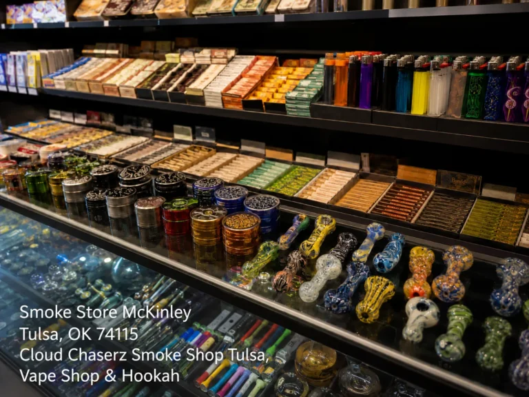 Close-up of colorful glass pipes, herb grinders, and lighters on display shelves at a smoke store tulsa shop.