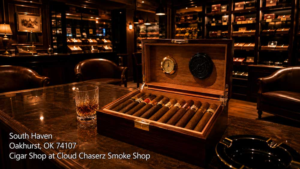 Premium wooden humidor filled with cigars inside a luxury cigar shop Sapulpa area lounge with dark marble counters.