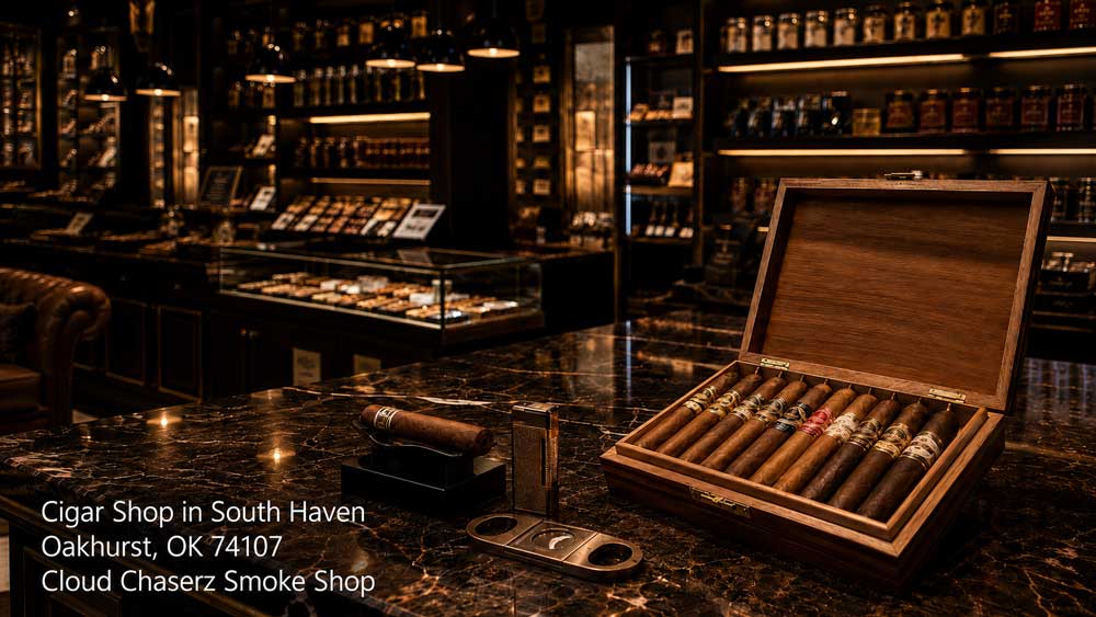 Open wooden humidor with a built-in hygrometer and premium cigars inside a classic cigar shop Sapulpa lounge.