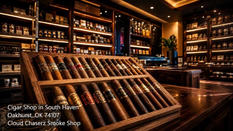 A dual-tier wooden display rack filled with premium rolled cigars inside a well-lit cigar shop Sapulpa location.