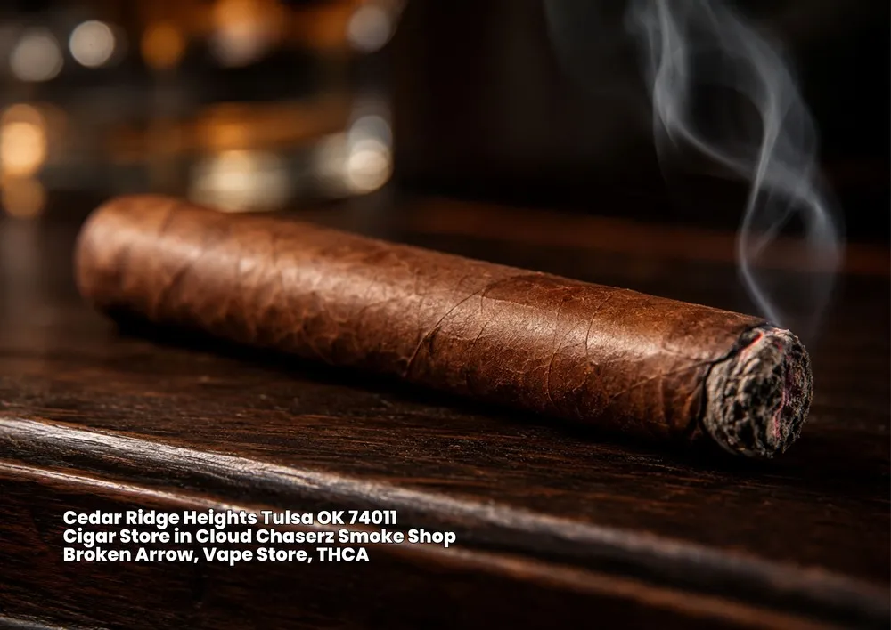 Lit premium tobacco cigar producing smoke on a wooden surface at Cloud Chaserz, the best cigar store Broken Arrow.
