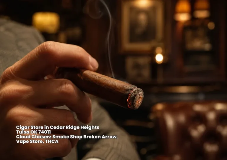 A man holding a burning premium cigar in a cozy lounge setting available at our local cigar store Broken Arrow.