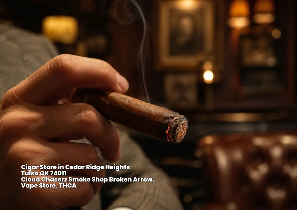 A man holding a burning premium cigar in a cozy lounge setting available at our local cigar store Broken Arrow.