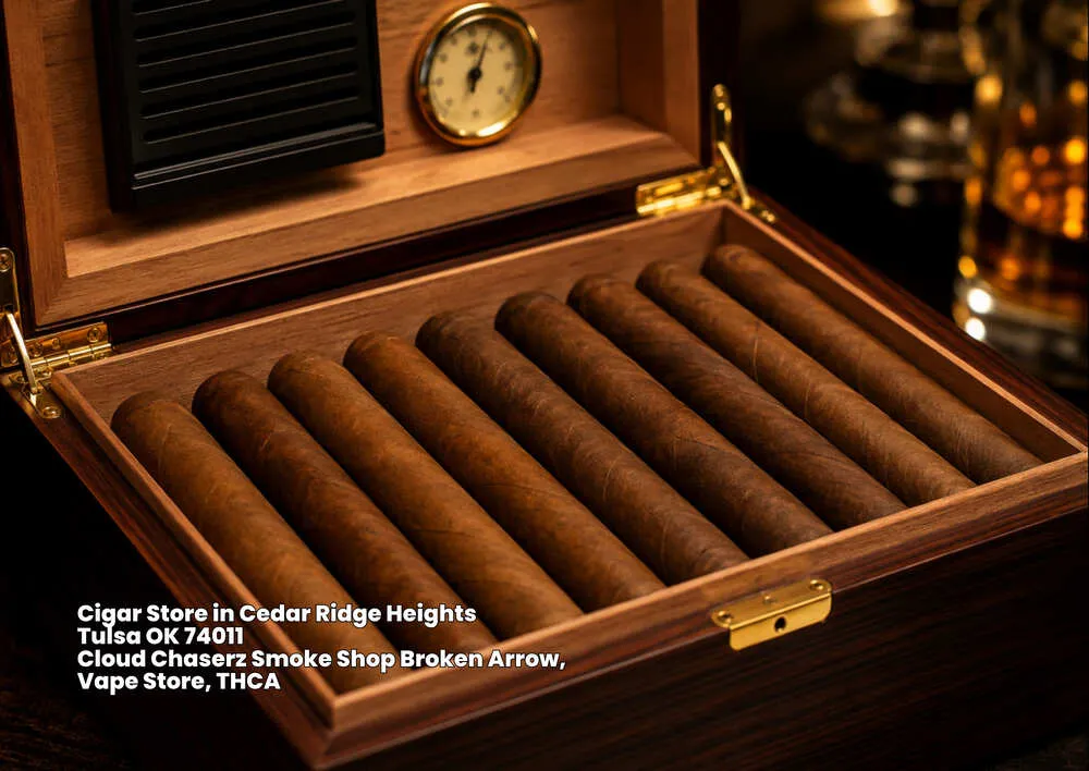 Premium hand-rolled cigars stored inside a wooden humidor box from Cloud Chaserz, a top cigar store Broken Arrow.