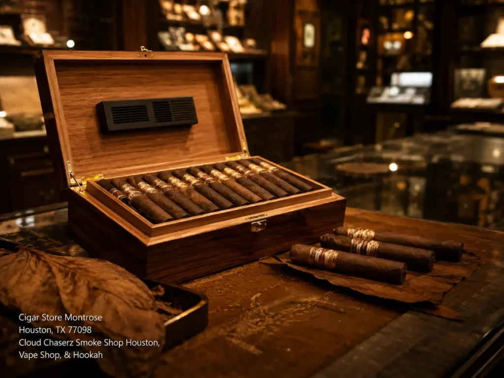 Elegant open humidor box displaying hand-rolled cigars on a table inside an upscale cigar store Houston shop.
