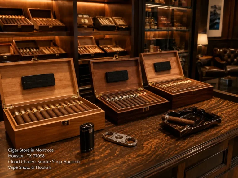 Luxury humidors with premium cigars displayed on a wooden table inside a local cigar store Houston lounge.